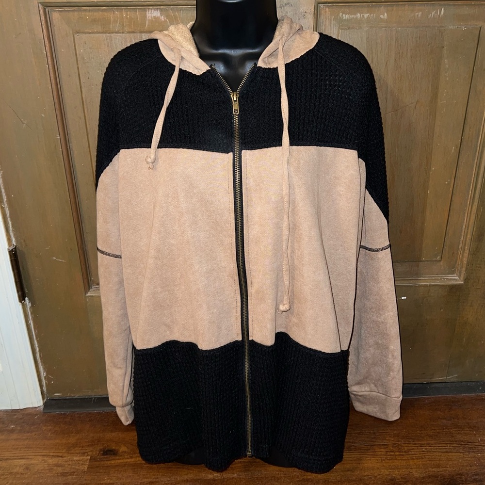 Tan & Black Boho Long Sleeve Full Zip Up Hooded Colorblock Jacket Size L - Picture 4 of 11